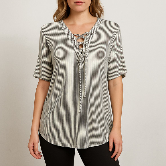 Buckle Tops - BKE Top Women’s Small Green Stripe Lace-Up Front Short Sleeve Tunic Boho Casual